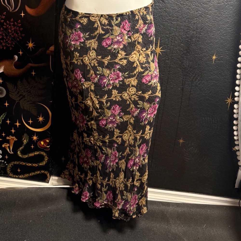 Vintage Floral midi Skirt Black Purple Gold Crinkle Texture Lettuce Hem Skirt